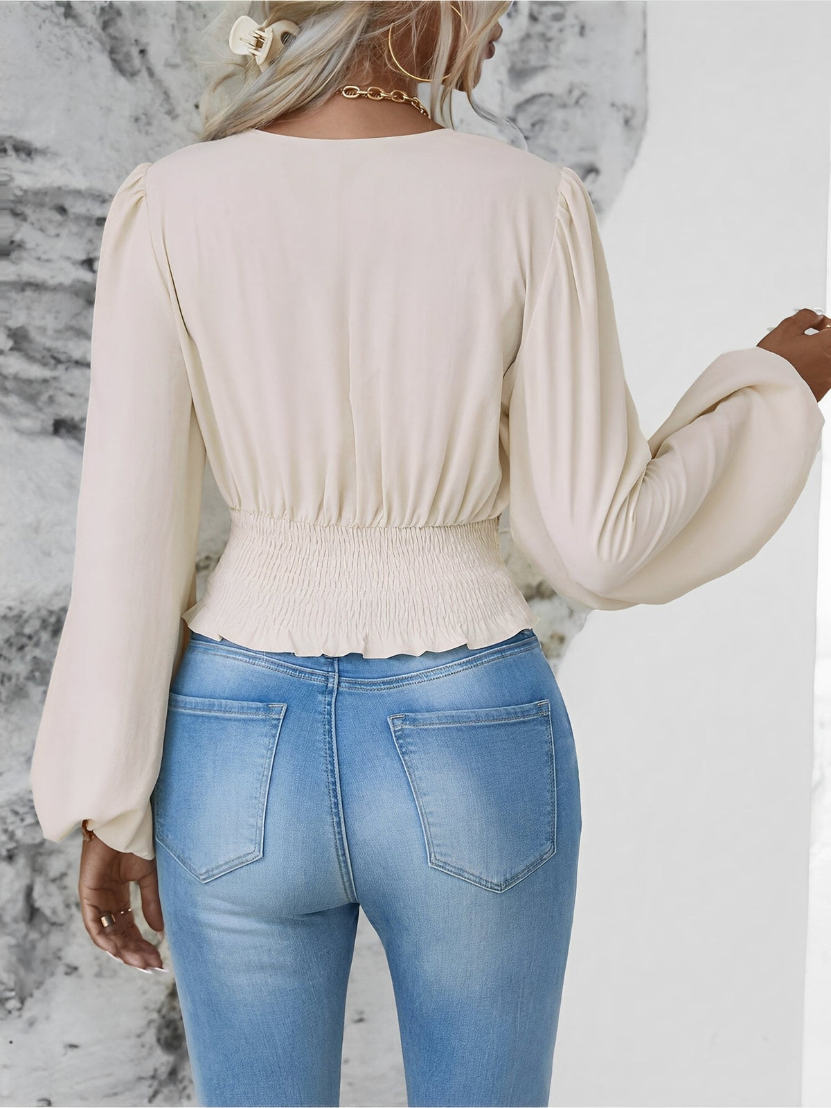 Ruched V Neck Puff Long Sleeves Smocked Casual Blouse