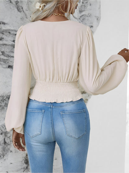 Ruched V Neck Puff Long Sleeves Smocked Casual Blouse
