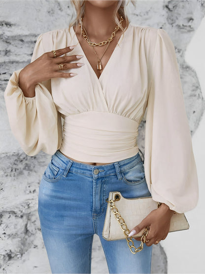 Ruched V Neck Puff Long Sleeves Smocked Casual Blouse