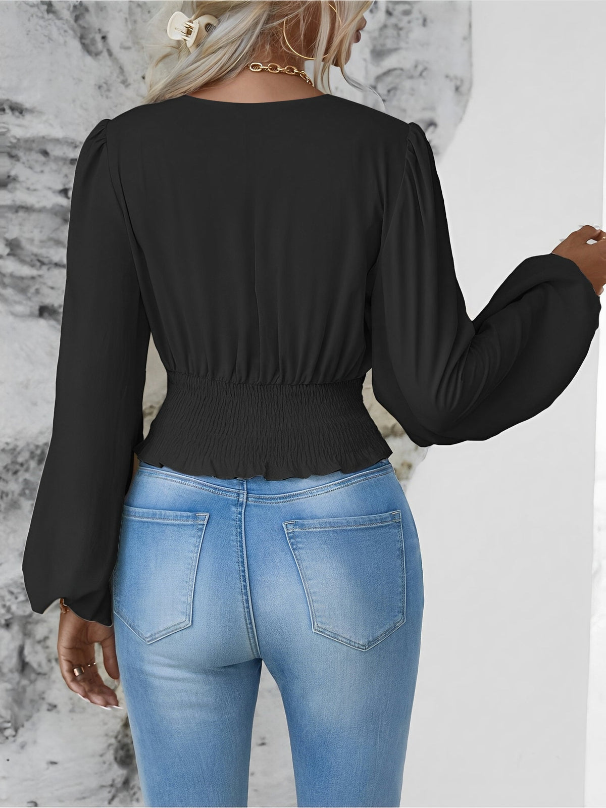 Ruched V Neck Puff Long Sleeves Smocked Casual Blouse