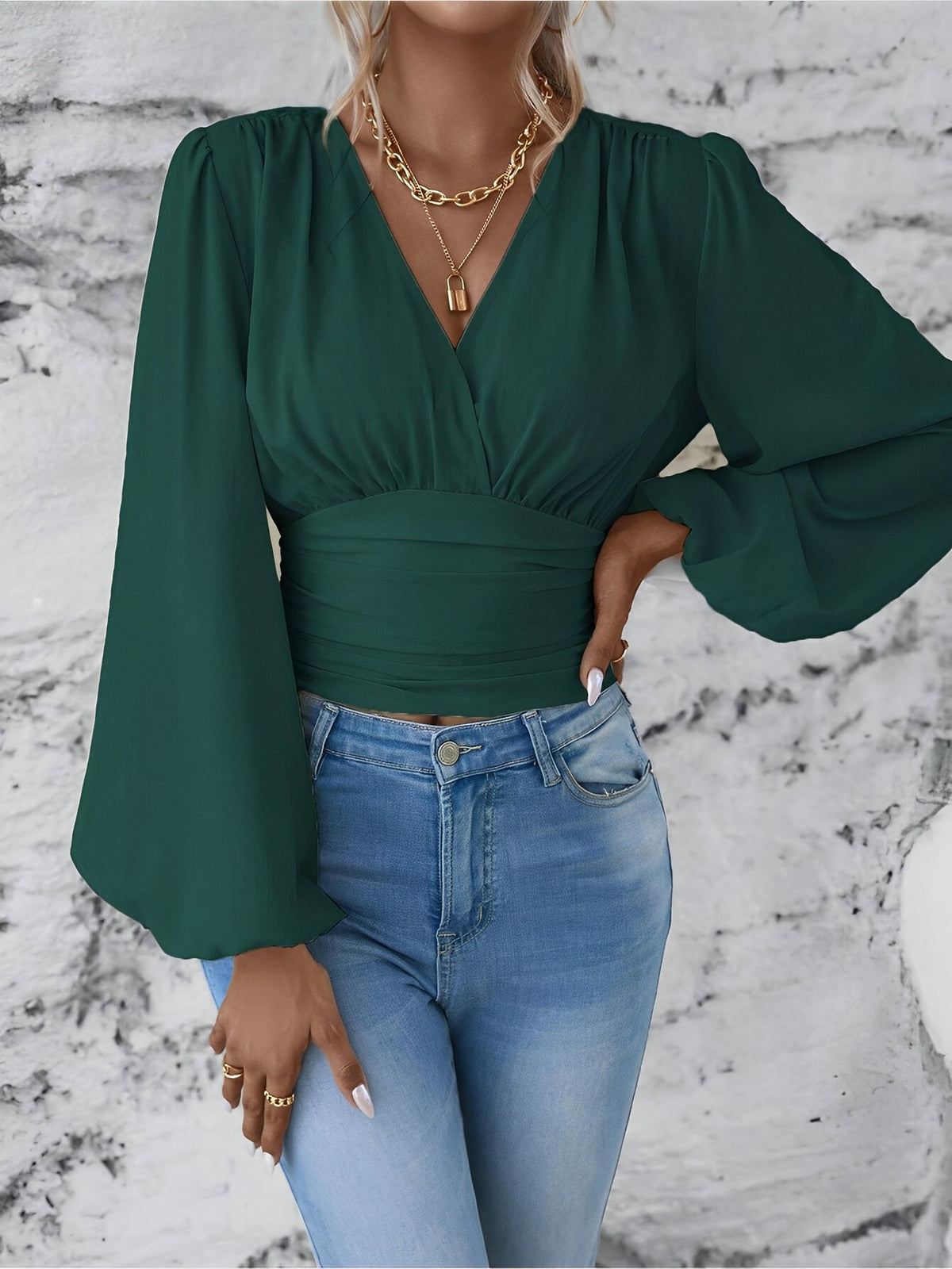 Ruched V Neck Puff Long Sleeves Smocked Casual Blouse