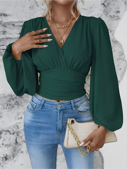 Ruched V Neck Puff Long Sleeves Smocked Casual Blouse