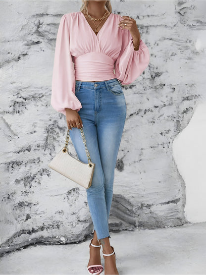 Ruched V Neck Puff Long Sleeves Smocked Casual Blouse