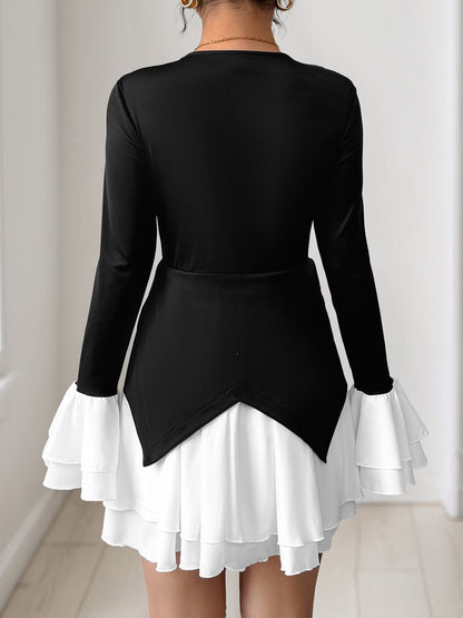 Colorblock V Neck Long Sleeves Ruffle Mini Dress