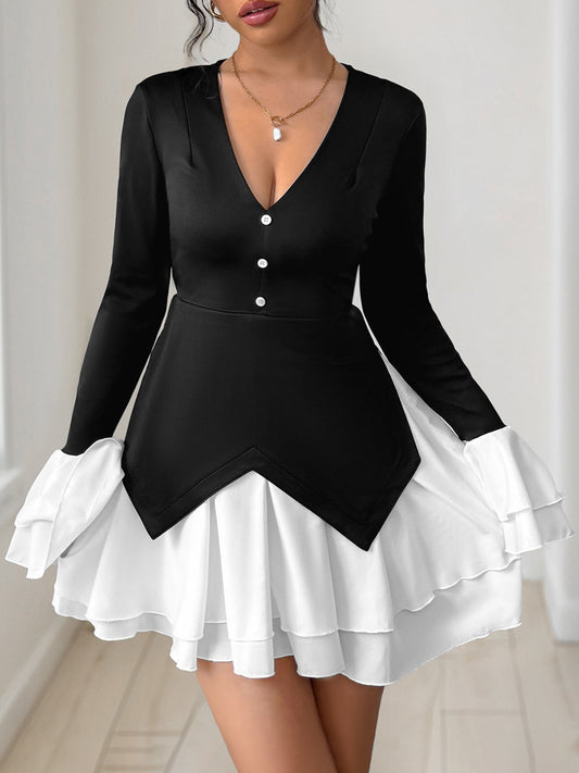 Colorblock V Neck Long Sleeves Ruffle Mini Dress