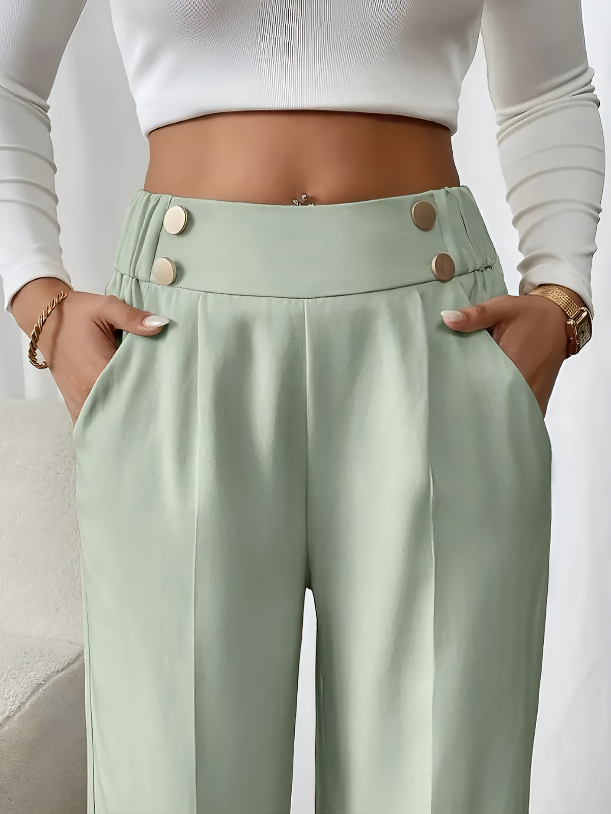 Elastic Waist Button Decor Straight Legs Pants