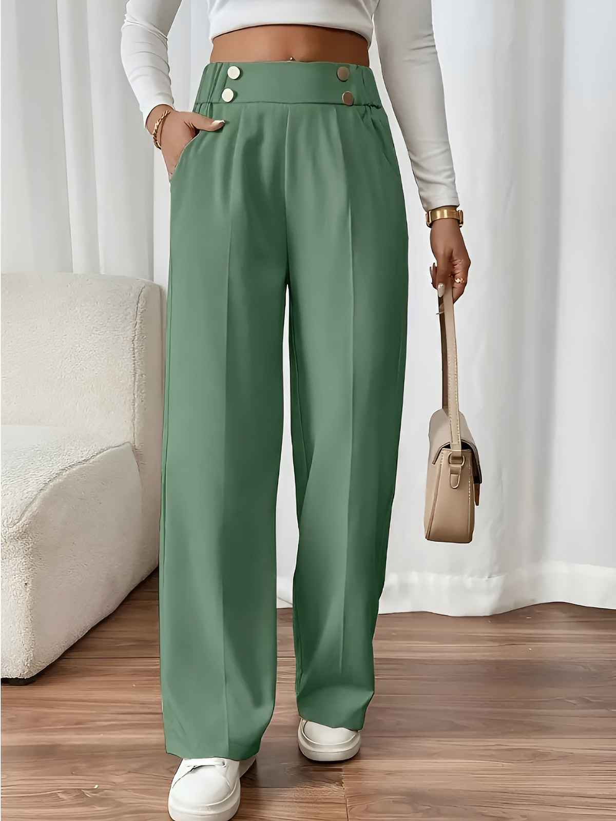 Elastic Waist Button Decor Straight Legs Pants