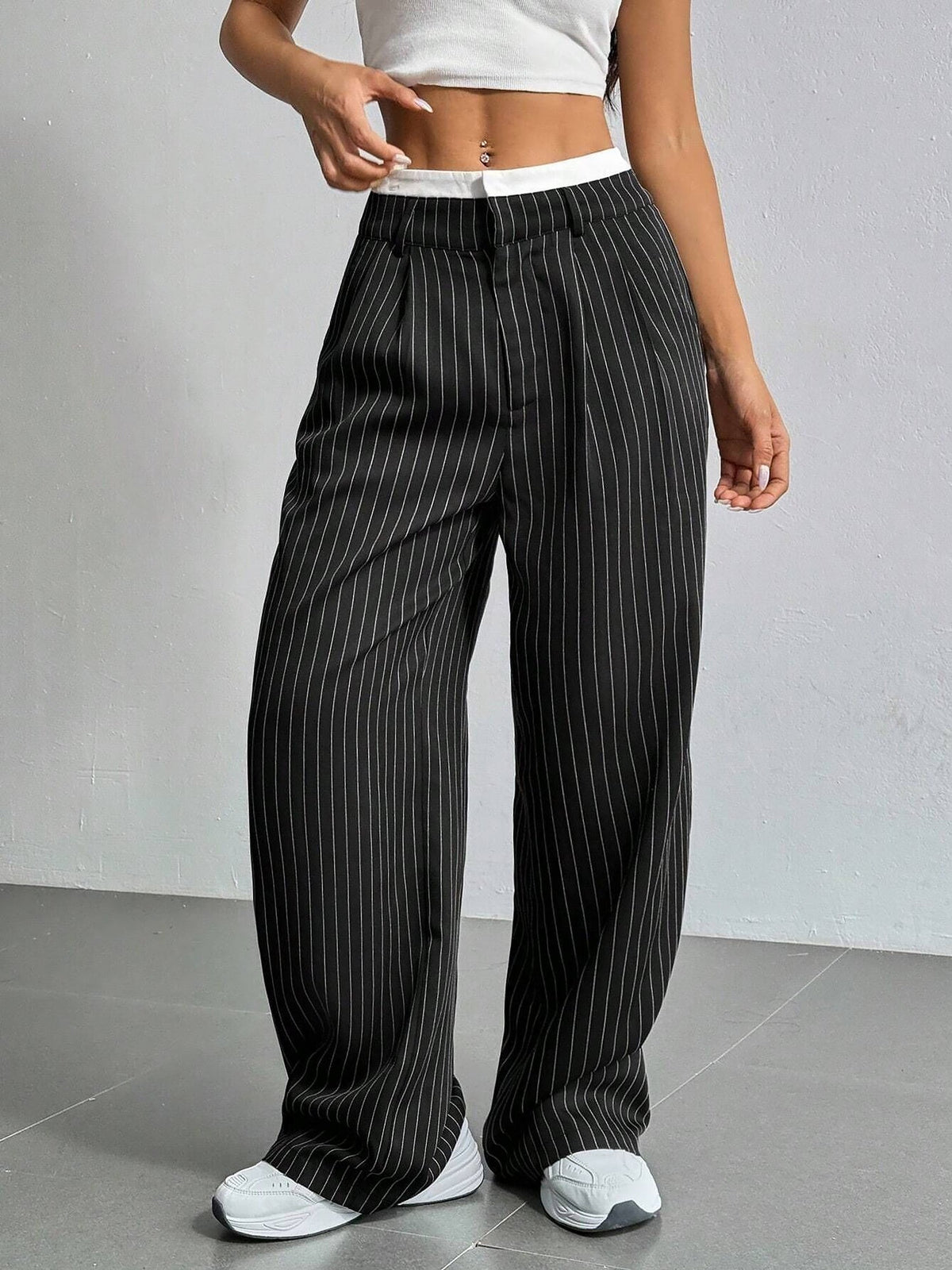 Casual High Waist Striped Wide Legs Trousers Pants