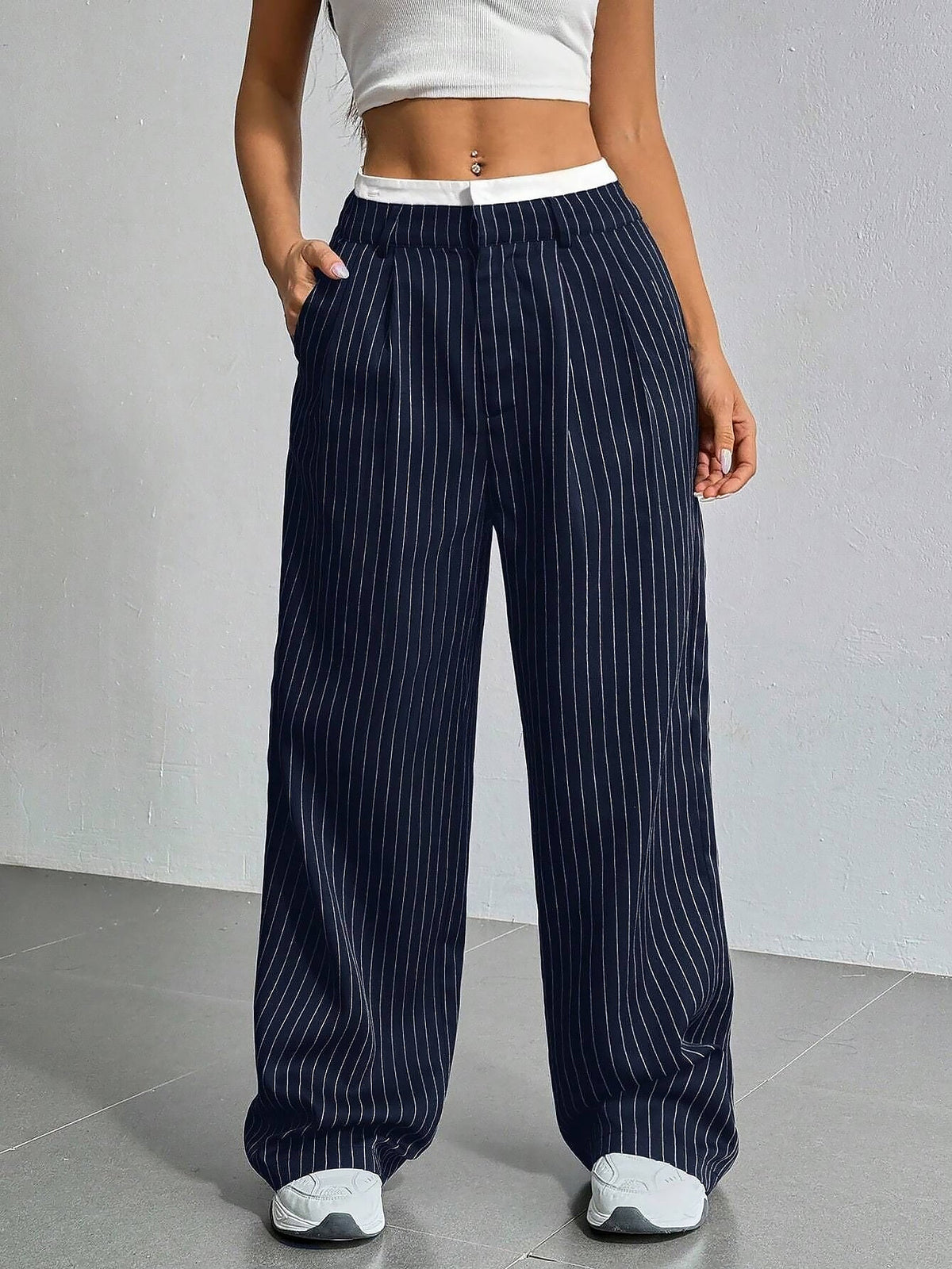 Casual High Waist Striped Wide Legs Trousers Pants