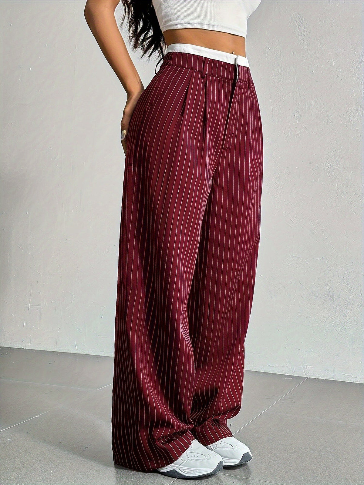 Casual High Waist Striped Wide Legs Trousers Pants