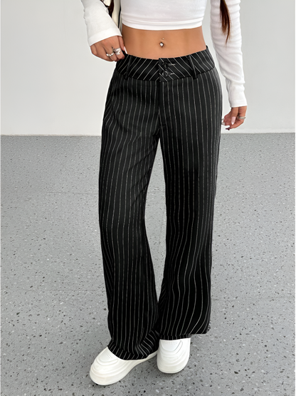 Striped Mid Rise Straight Leg Trousers Pants