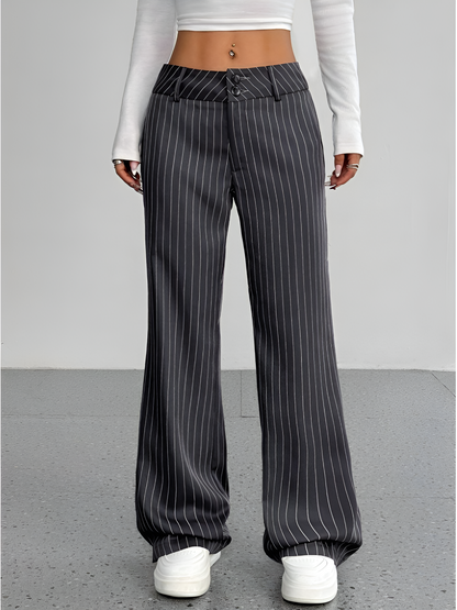 Striped Mid Rise Straight Leg Trousers Pants