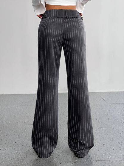 Striped Mid Rise Straight Leg Trousers Pants