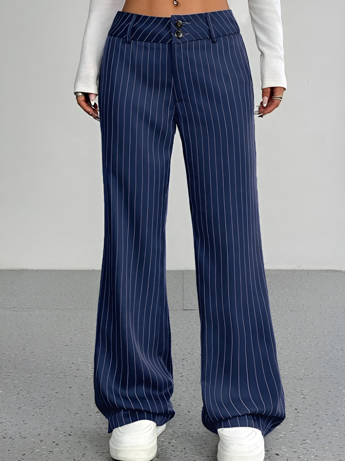 Striped Mid Rise Straight Leg Trousers Pants