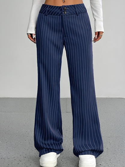 Striped Mid Rise Straight Leg Trousers Pants