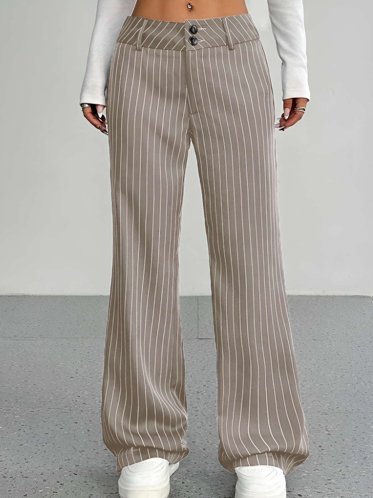 Striped Mid Rise Straight Leg Trousers Pants