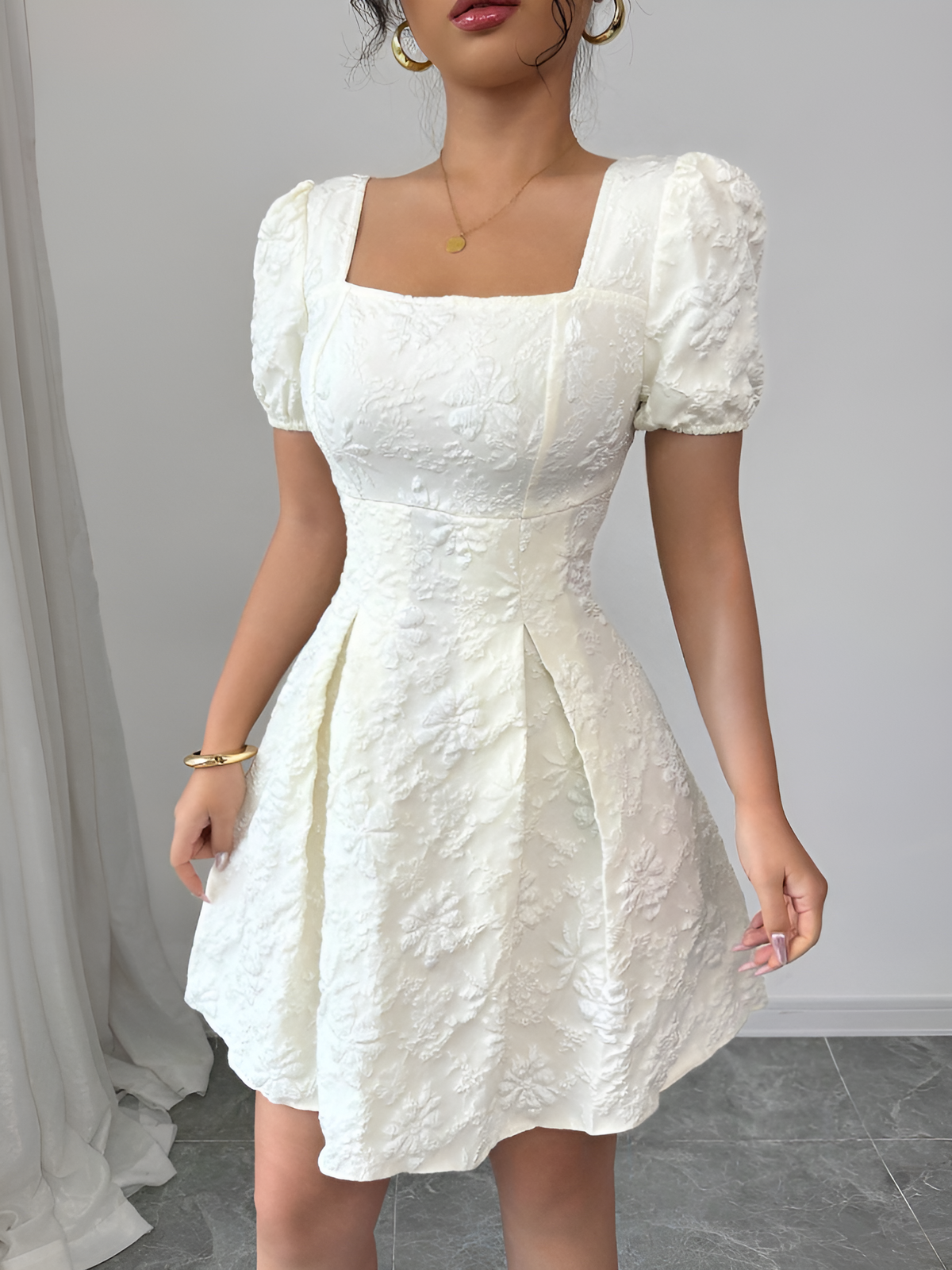 Floral Textured Puff Sleeve Square Neck Dress