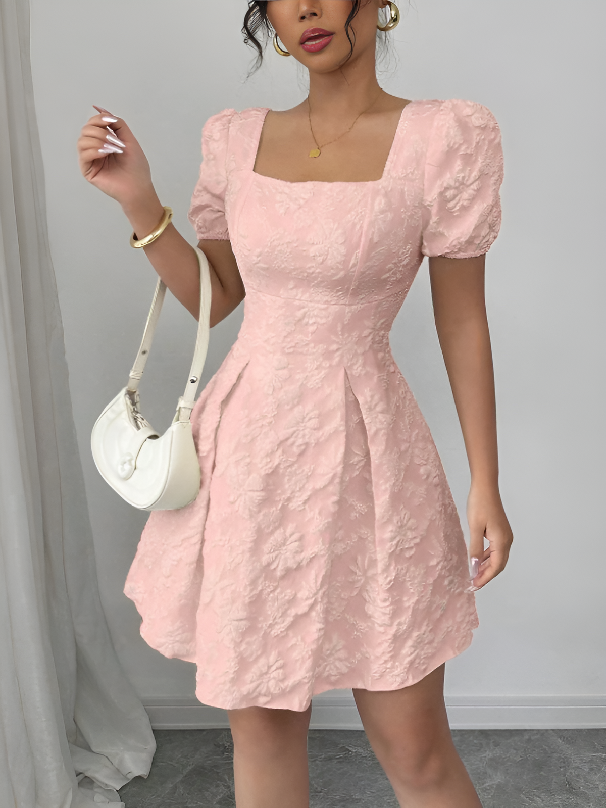 Floral Textured Puff Sleeve Square Neck Dress