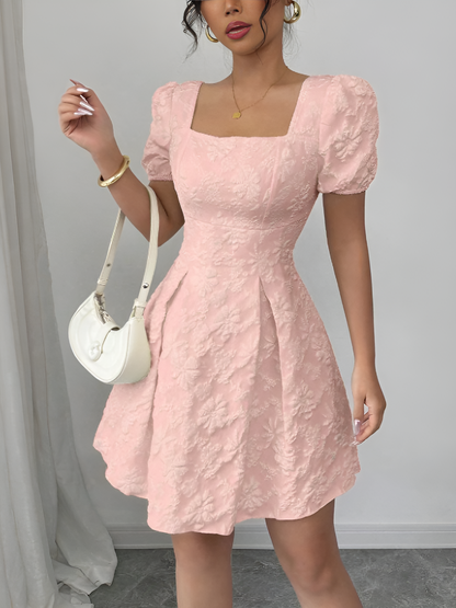 Floral Textured Puff Sleeve Square Neck Dress