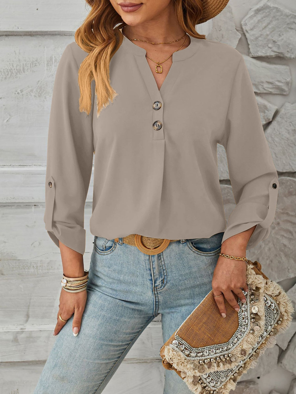 Notch Neck Buttoned Long Sleeves Casual Blouse