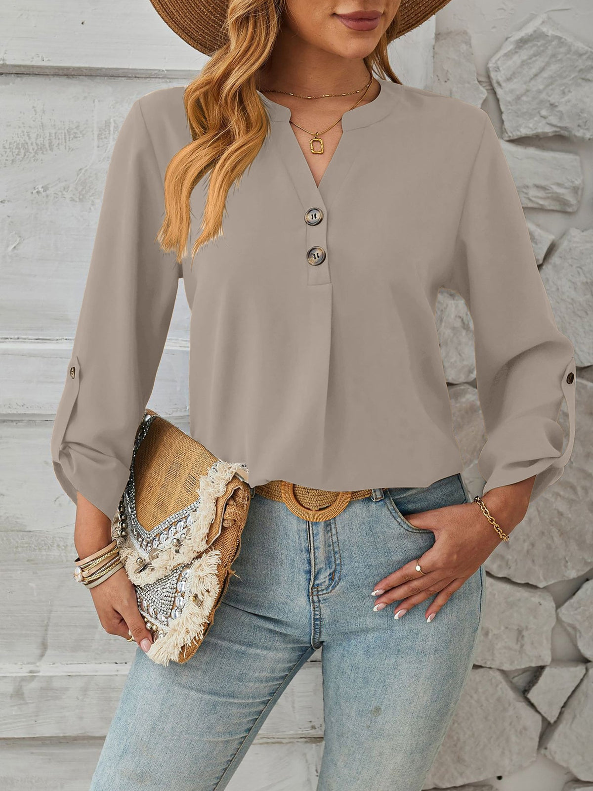 Notch Neck Buttoned Long Sleeves Casual Blouse