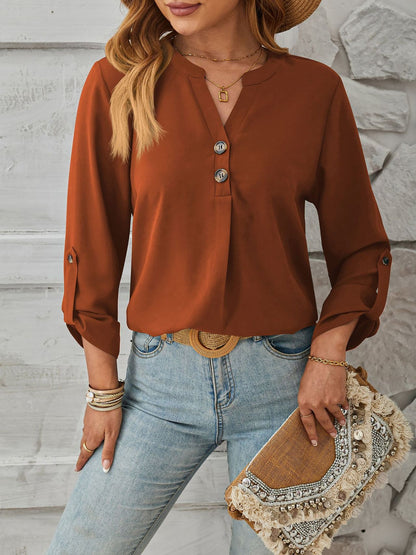 Notch Neck Buttoned Long Sleeves Casual Blouse