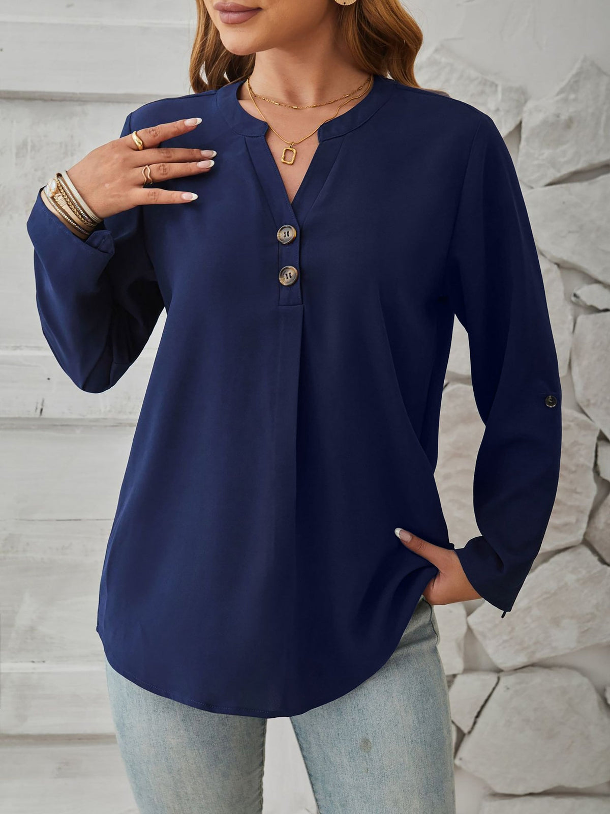 Notch Neck Buttoned Long Sleeves Casual Blouse