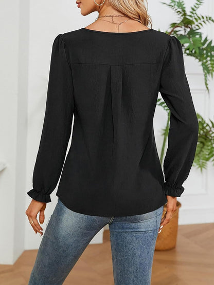 Solid Color Notch Neck Long Sleeves Pleated Blouse