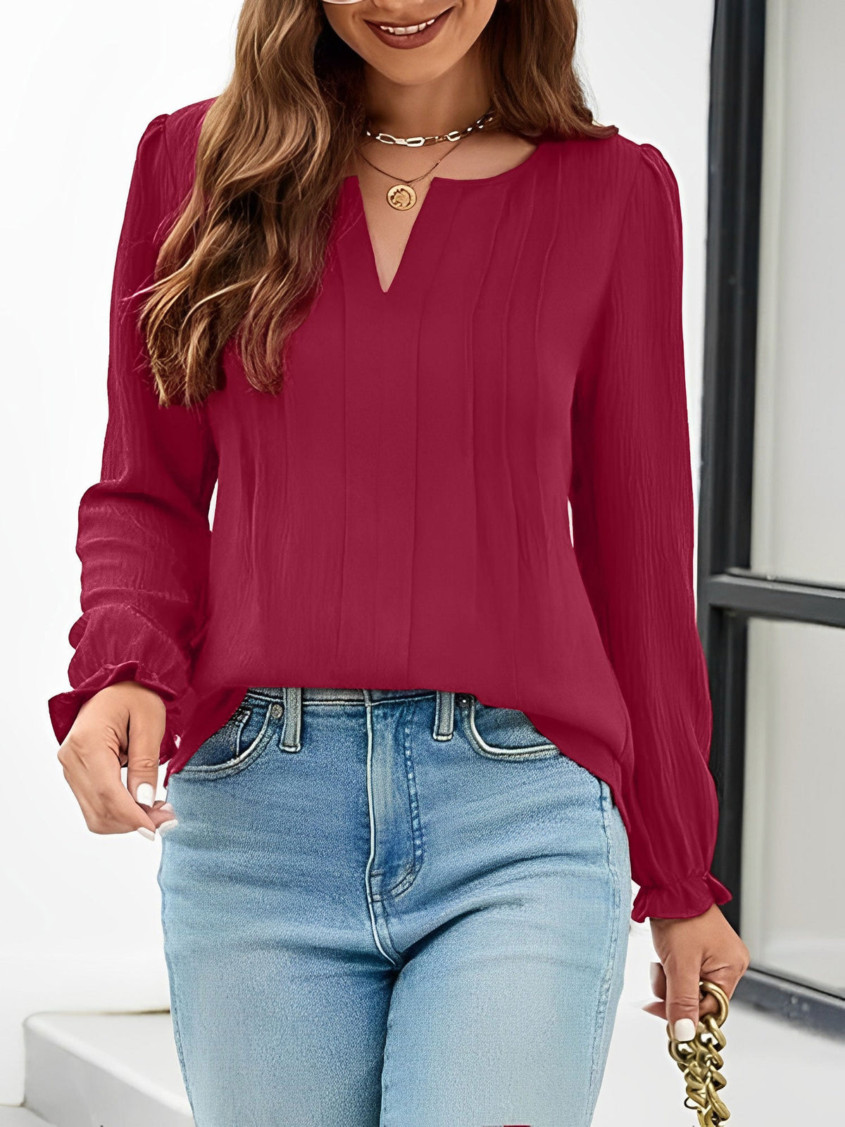 Solid Color Notch Neck Long Sleeves Pleated Blouse