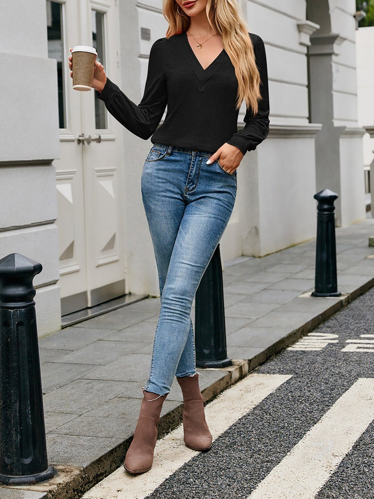 Casual V Neck Solid Color Long Sleeves Blouse