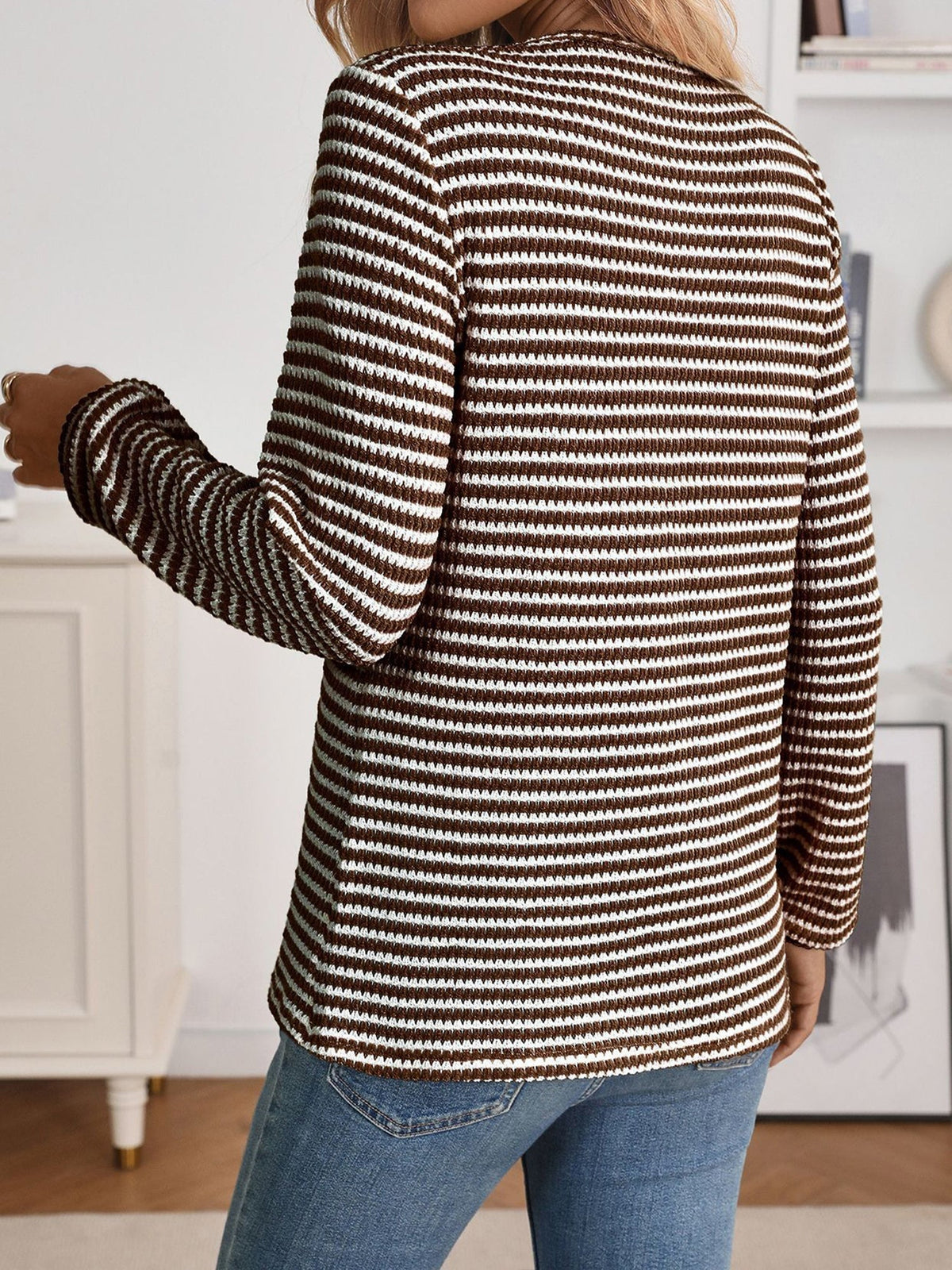 Button Notch Neck Striped Long Sleeves Knit Blouse