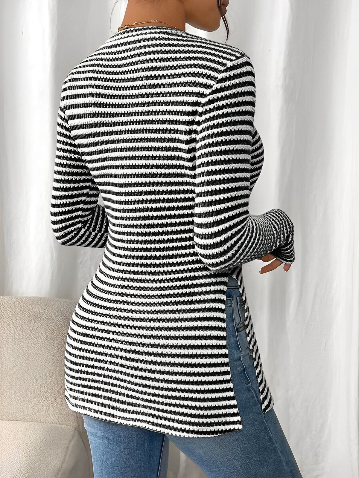 Round Neck Slit Long Sleeve Striped Blouse