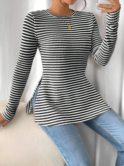 Round Neck Slit Long Sleeve Striped Blouse
