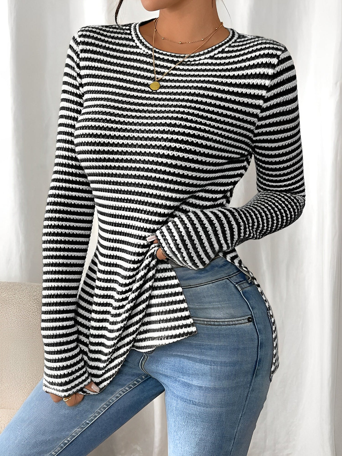 Round Neck Slit Long Sleeve Striped Blouse