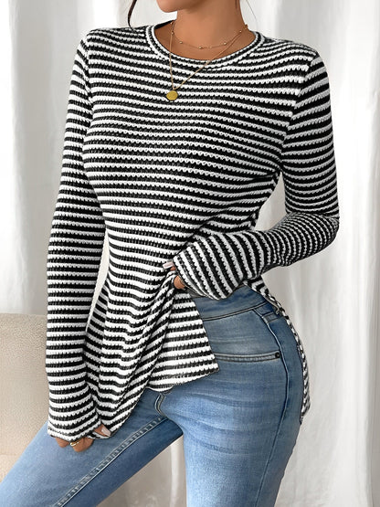 Round Neck Slit Long Sleeve Striped Blouse