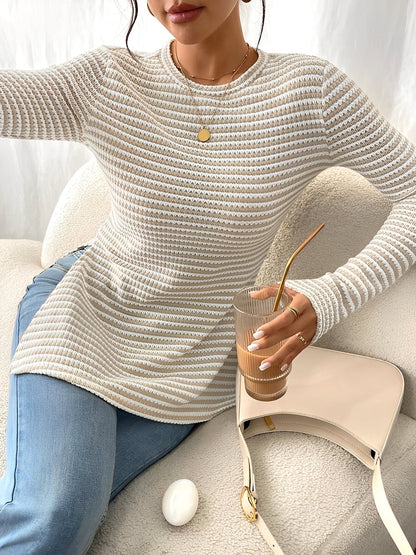 Round Neck Slit Long Sleeve Striped Blouse