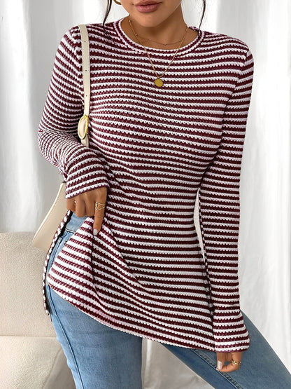 Round Neck Slit Long Sleeve Striped Blouse