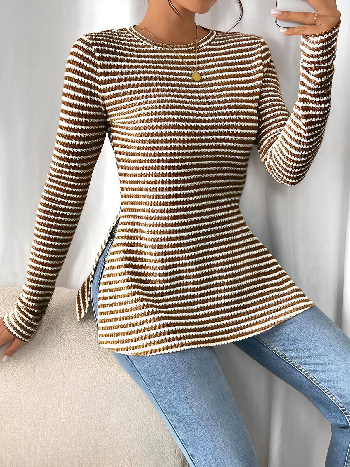 Round Neck Slit Long Sleeve Striped Blouse