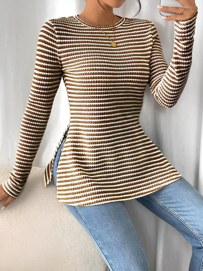 Round Neck Slit Long Sleeve Striped Blouse