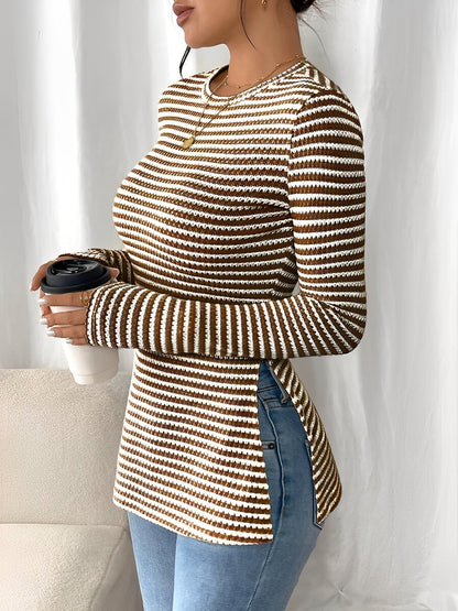 Round Neck Slit Long Sleeve Striped Blouse