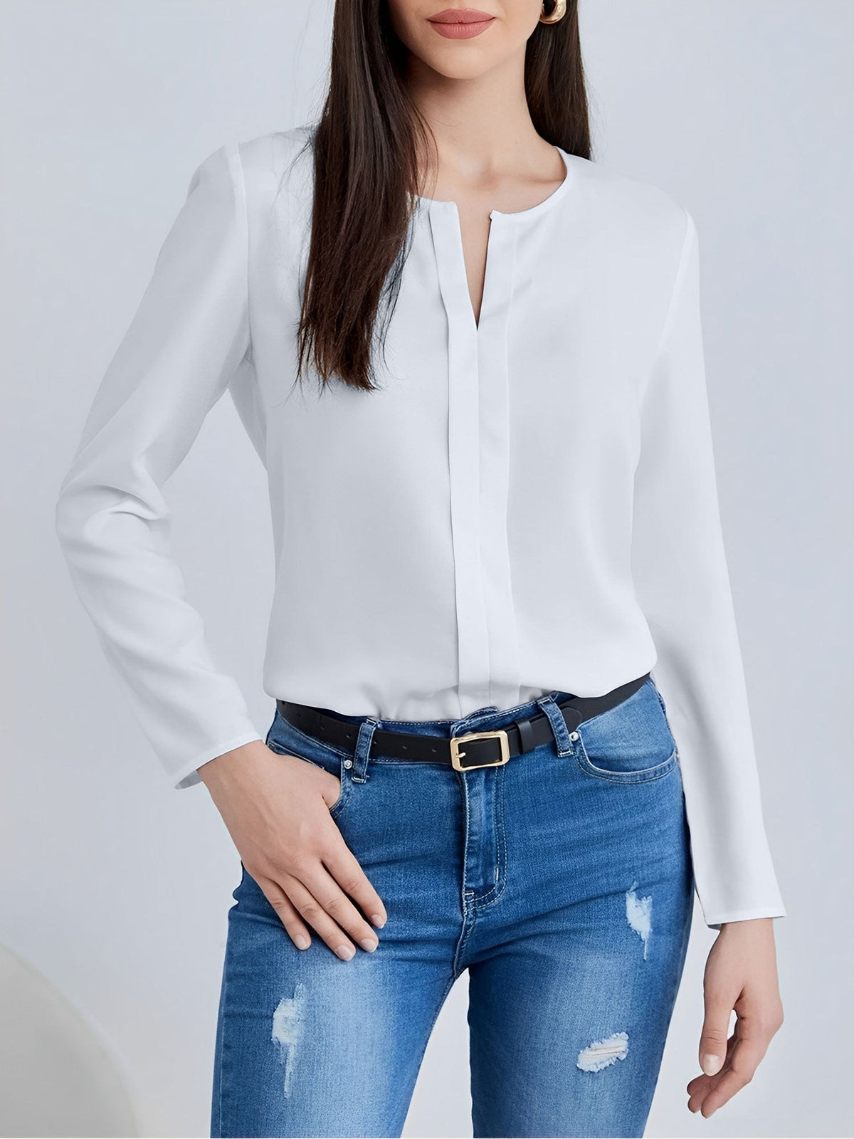 Notch Neck Satin Long Sleeves Work Office Blouse