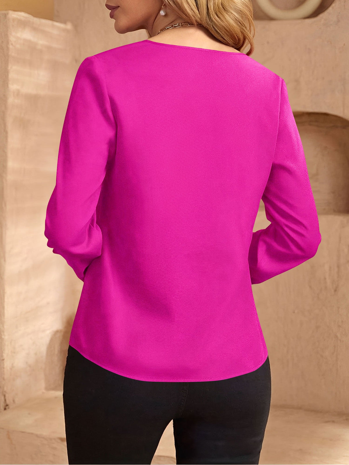 Notch Neck Satin Long Sleeves Work Office Blouse