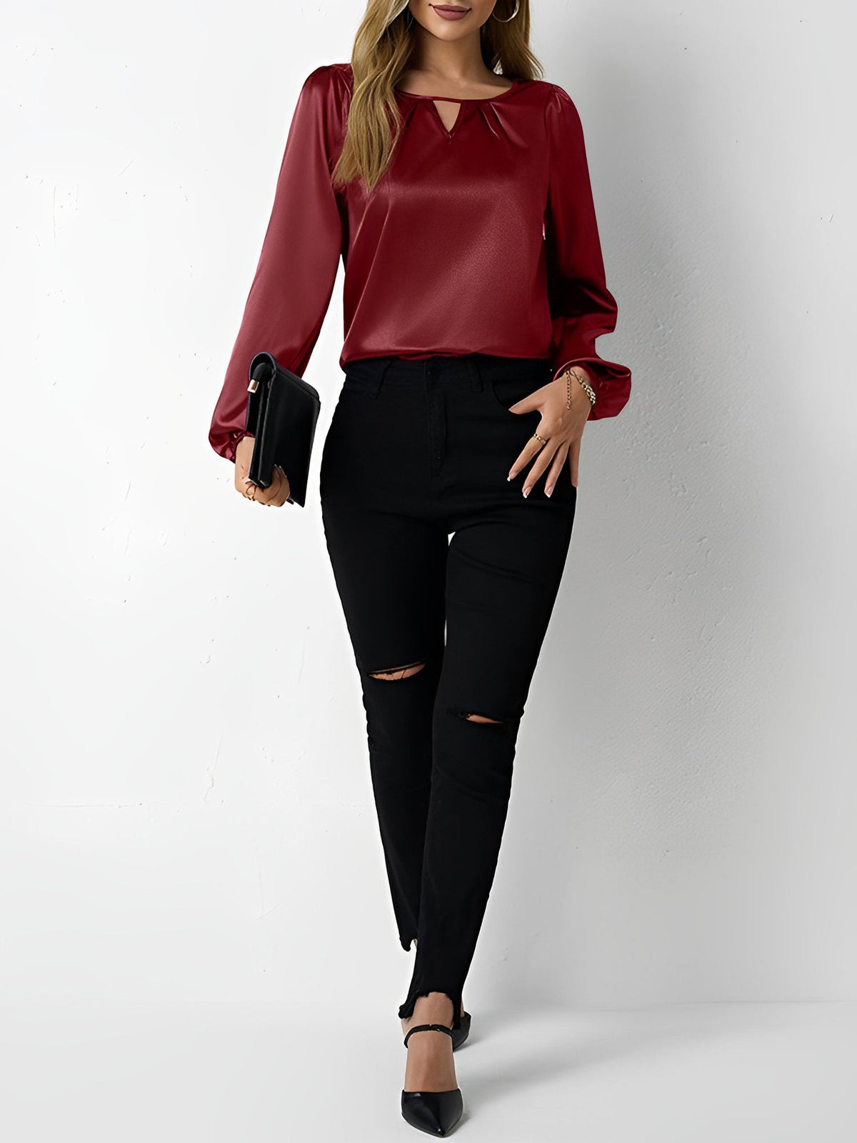 Satin Round Neck Keyhole Long Sleeves Blouse