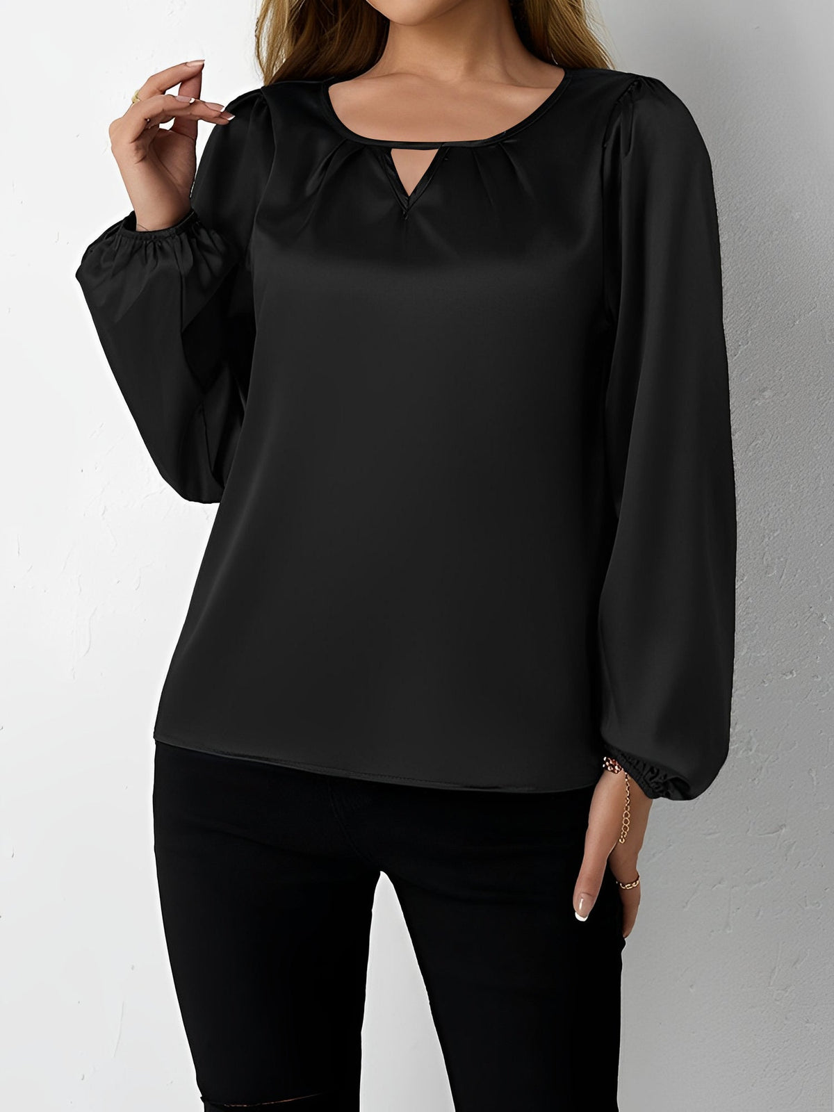 Satin Round Neck Keyhole Long Sleeves Blouse