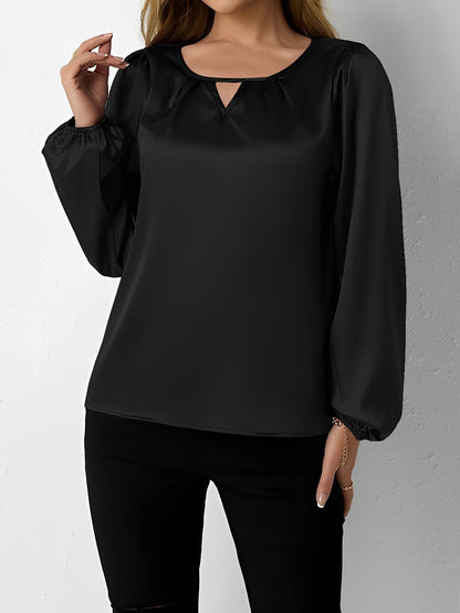 Satin Round Neck Keyhole Long Sleeves Blouse