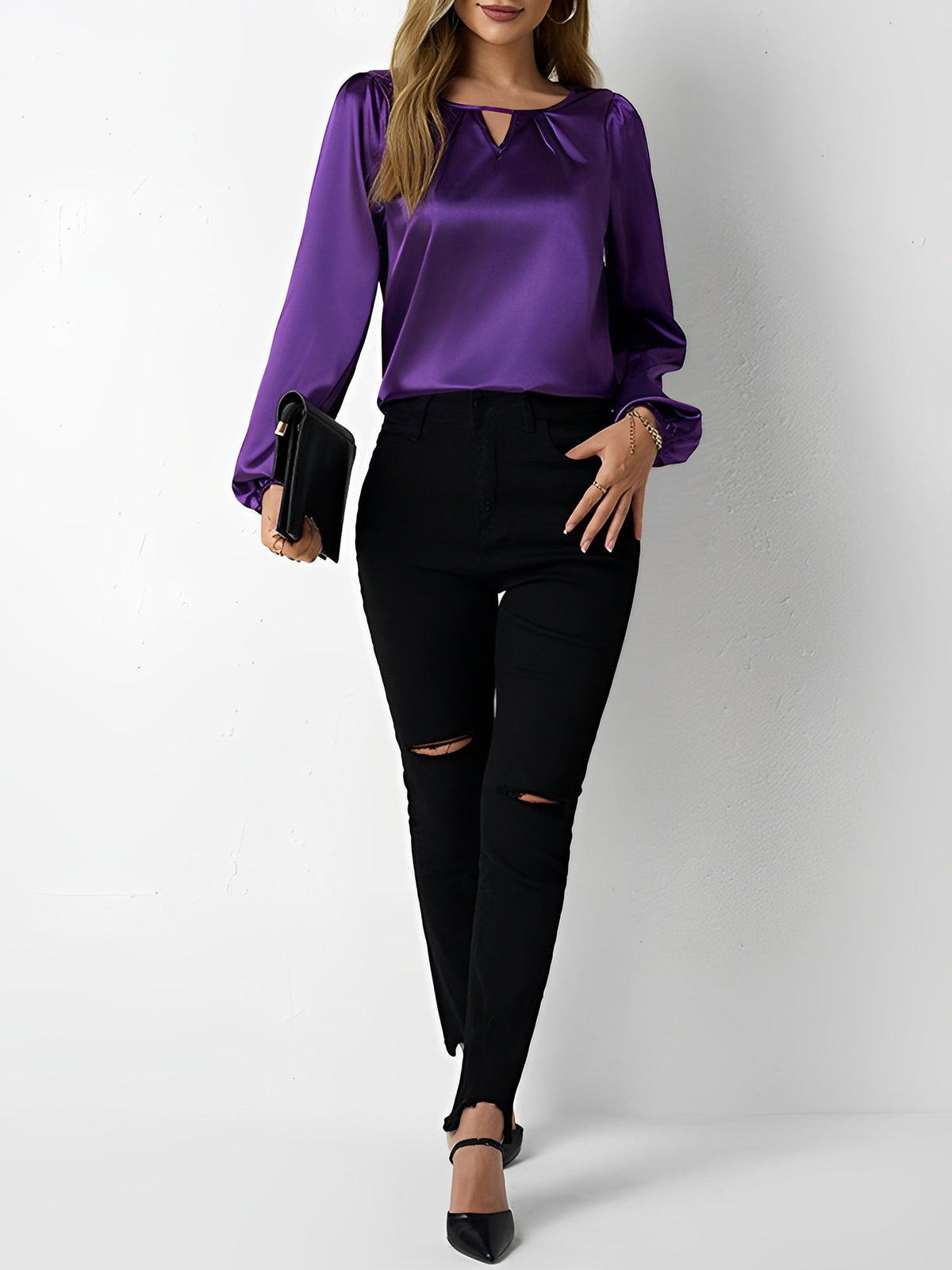 Satin Round Neck Keyhole Long Sleeves Blouse