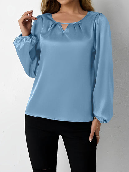 Satin Round Neck Keyhole Long Sleeves Blouse