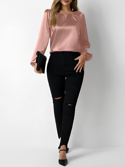 Satin Round Neck Keyhole Long Sleeves Blouse