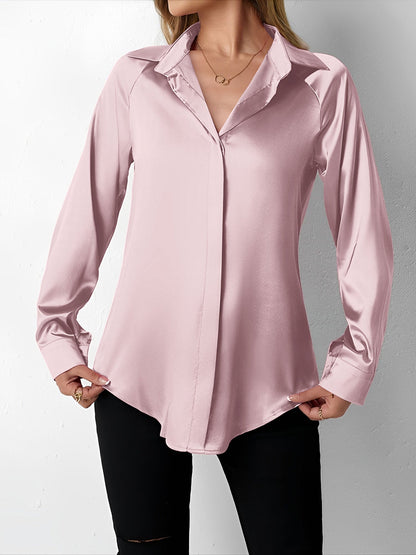 Satin Collared Solid Color Long Sleeves Work Blouse
