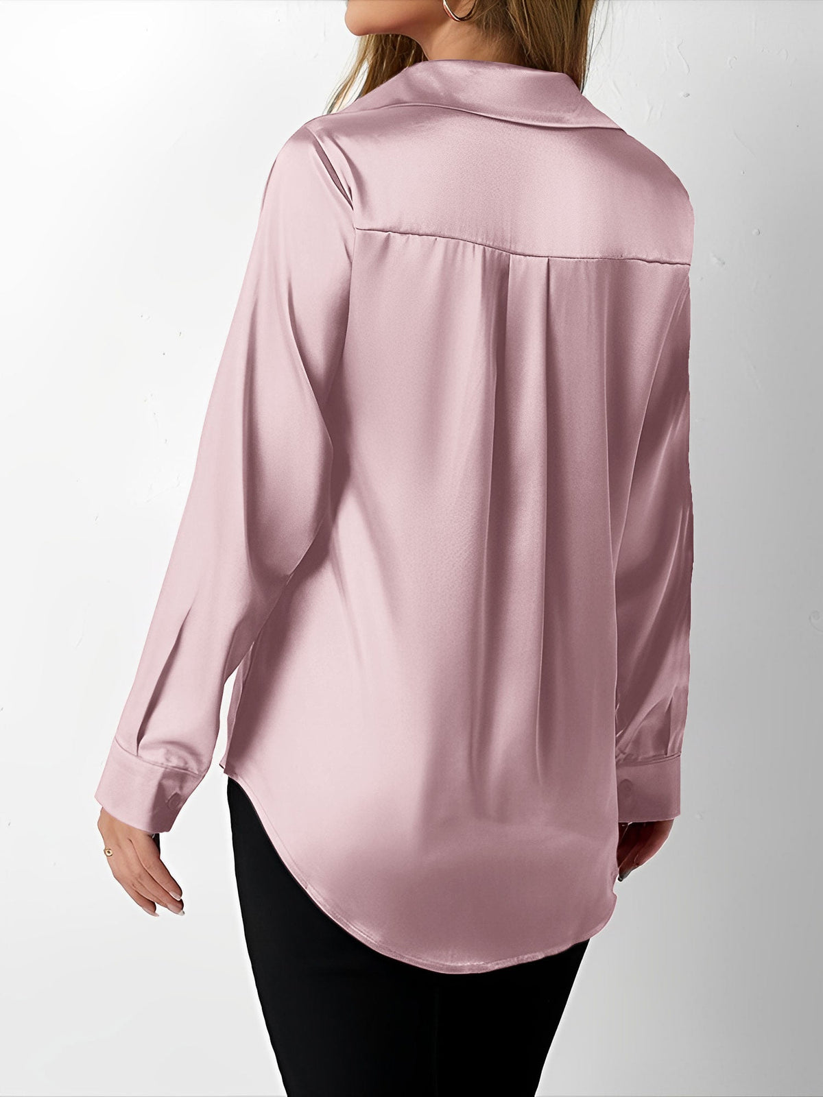 Satin Collared Solid Color Long Sleeves Work Blouse
